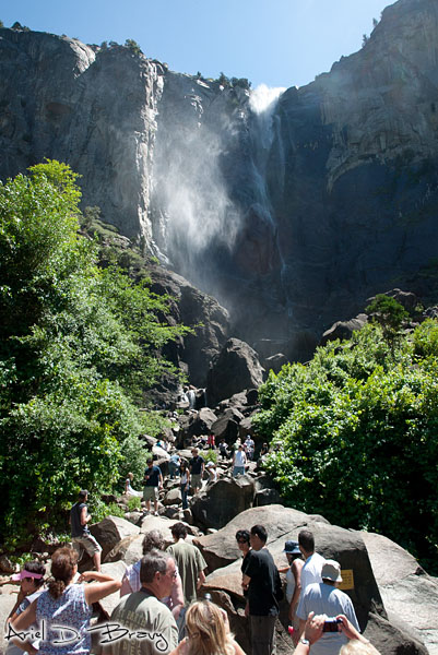 Bridalveil Falls full of people at midday